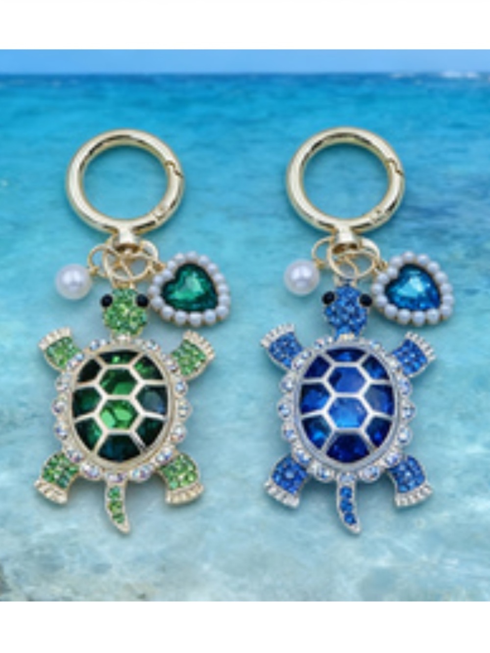 Unbranded Turtle Keychain Bag Charm Green OR Blue Rhinestone gold-tone (each)